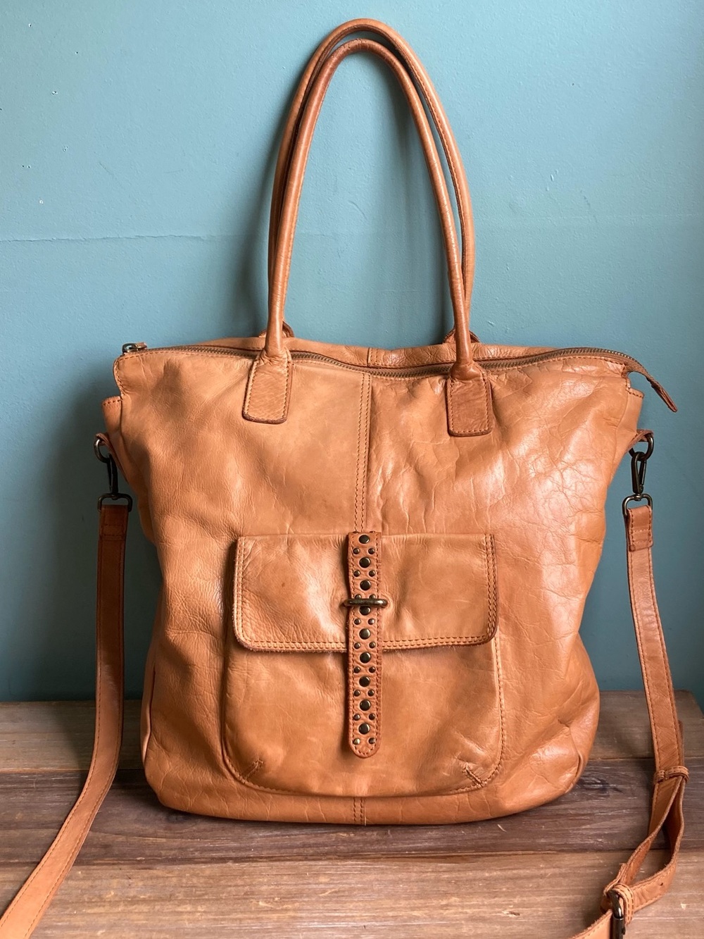 Vintage Style Handcrafted in India Studded Leather Slouchy Tote Bag - Picture 3 of 6